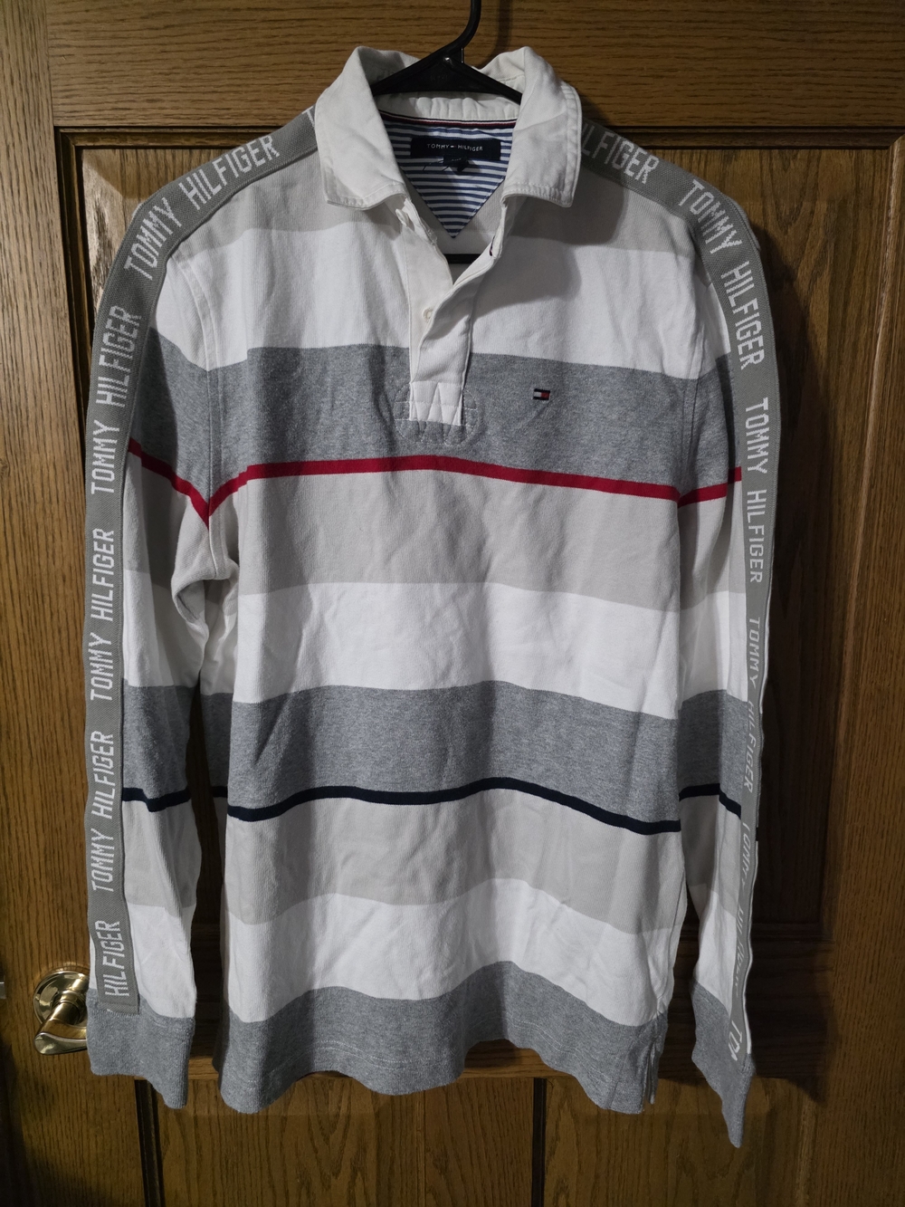 Tommy Hilfiger Men's White & Gray Striped Rugby Polo Shirt